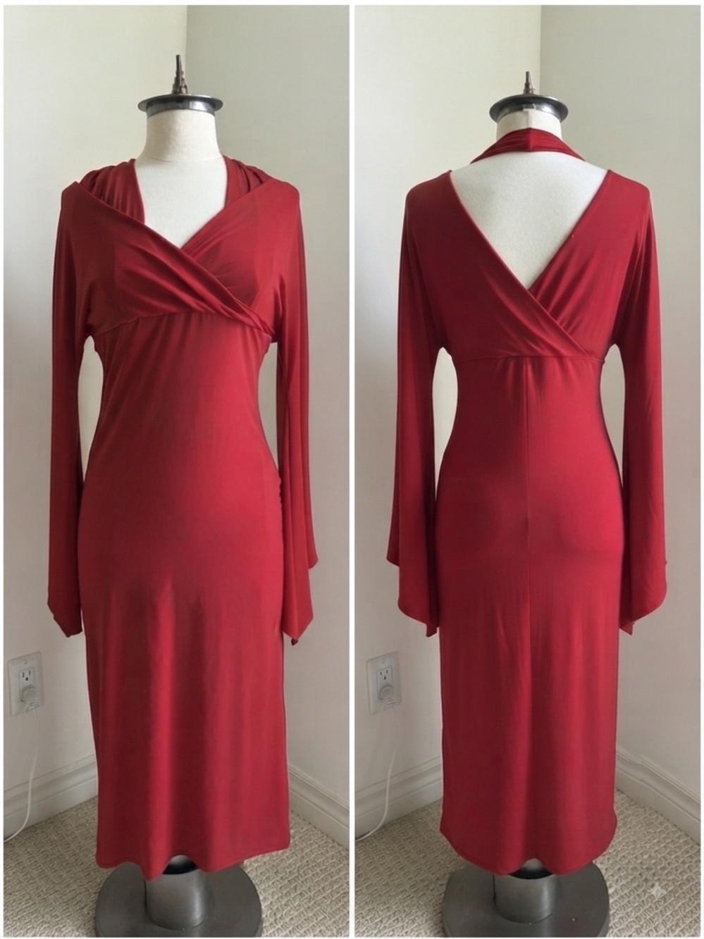 🇨🇦 CATHERINE BRULE Made in Canada Red Wrap-Style Midi Dress